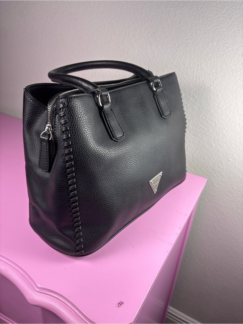 GUESS Black Pebbled Leather Tote with Silver Hardware - Picture 4 of 14